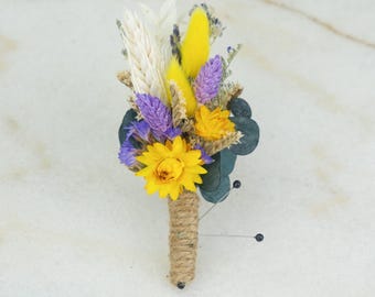 Wedding Boutonniere | Yellow and Purple Dried Blooms | Sunrise Collection | Bright Corsage Preserved Flowers
