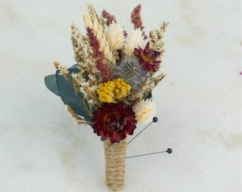 Wedding Boutonniere | Orange Dried Blooms | Sunset Collection | Burgundy Exotic Corsage Preserved Flowers