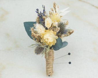 Wedding Boutonniere | White Dried Blooms | Blue Moon Collection | Neutral Corsage Preserved Flowers