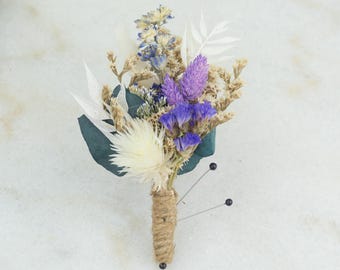 Wedding Boutonniere | White Dried Blooms | Purple Starry Night Collection | Lavender Lilac Corsage Preserved Flowers