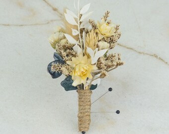 Wedding Boutonniere | White Dried Blooms | Natural Collection | Beige Corsage Preserved Flowers