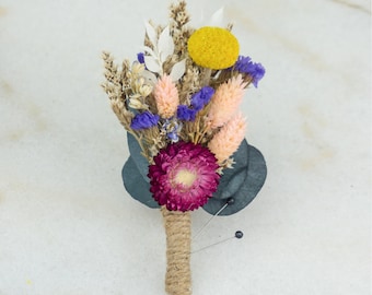 Wedding Boutonniere | Colorful and Pink Dried Blooms | Vibrant Spring Solstice Collection | Rainbow Corsage Preserved Flowers