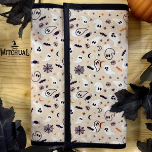 Halloween Ghost Hobonichi A5 Cover - Beige Fabric Cousin Planner Case with Pockets, Pen Loop & Elastic