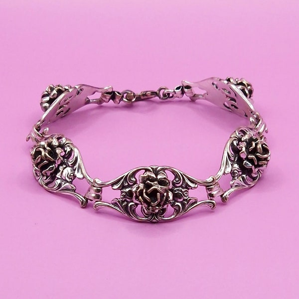 Pulsera vintage con paneles de rosas en plata 835, pulsera romántica de estilo victoriano con eslabones en forma de rosas en 3D, joyería floral delicada y ornamentada