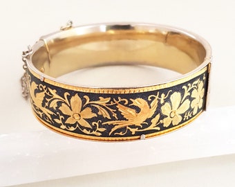 Vintage damascene bracelet dainty damascene gold bracelet spring closure black and gold toldeoware bracelet