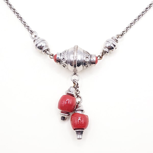 Vintage Silver tone Glass Coral Bead Bohemian Style Pendant Necklace, North African Tribal Style Necklace, Beaded Dangle Pendant, Long Chain