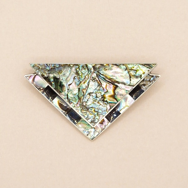 Vintage Alpaca Silver Abalone Triangle Brooch Pin, 1980's Art Deco Style Rainbow Oil Slick and Black Shell Inlay Brooch, Sleek Modern Style