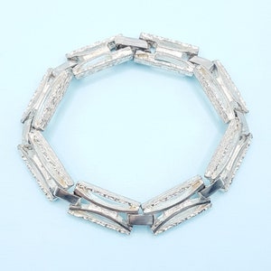 Vintage Mid Century Brutalist Panel Bracelet, Silver tone Metal Geometric Link Bracelet, Modernist Textured Metal Rectangular Panel Bracelet