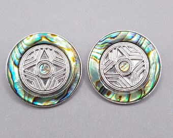 Vintage Abalone Cirkel Clip op oorbellen, Zilver Tone Metal en Rainbow Shell Ronde Clip ons, Star Oorbellen