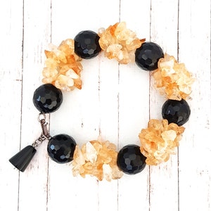 Vintage Chunky Onyx and Citrine Bracelet, Faceted Black Onyx Beads, Citrine Pebbles, Citrine Chips, Sterling Silver, Statement Bracelet