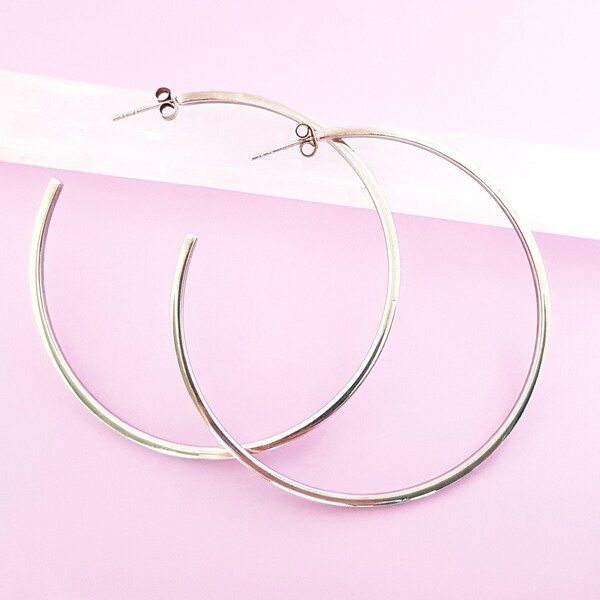 Vintage Sterling Silver Hoop Earrings, 925 Silver Open Hoop Earrings, Minimalist Earrings, Large Size Hoop Earrings, Solid Silver