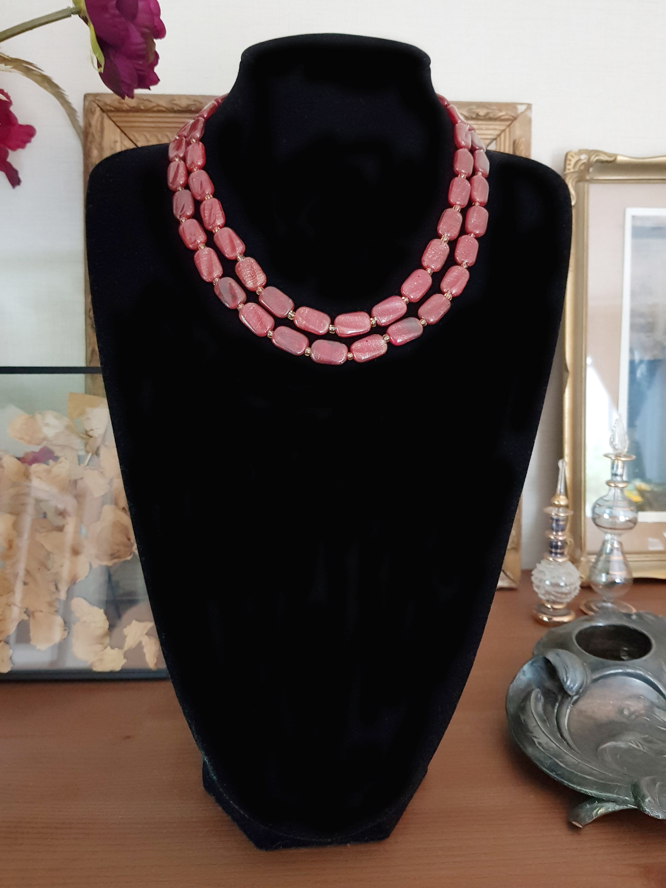 Collier Vintage Multi-rang En Perles De Verre Rose/rouge Bordeaux - Bijou Rétro Sans Marque
