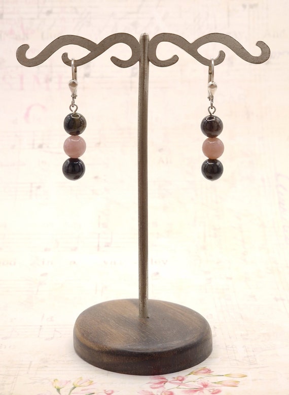 Vintage Gemstone Bead Dangle Earrings, Onyx Rose … - image 5