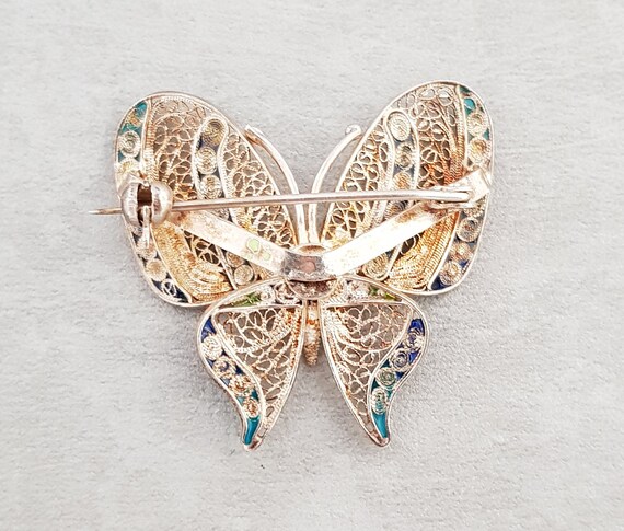 Vintage Silver Enamelled Filigree Butterfly Brooc… - image 3