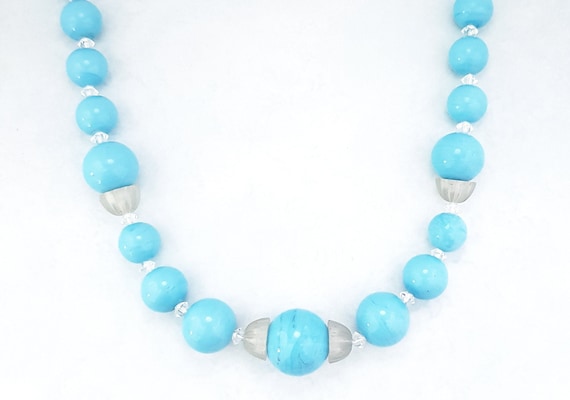 Vintage Blue Glass Beaded Necklace, Mid Century B… - image 1