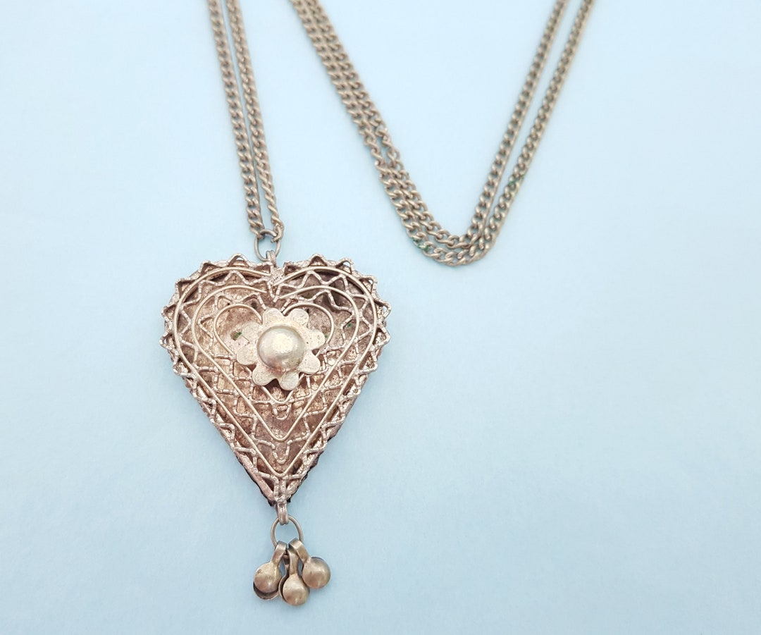 Vintage Ethnic Heart Pendant Necklace, Caged Heart Pendant Necklace