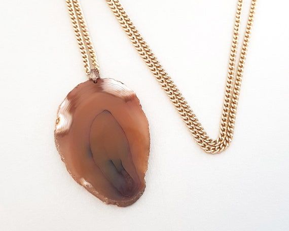 Vintage Agate Geode Pendant Necklace, Burned Oran… - image 1