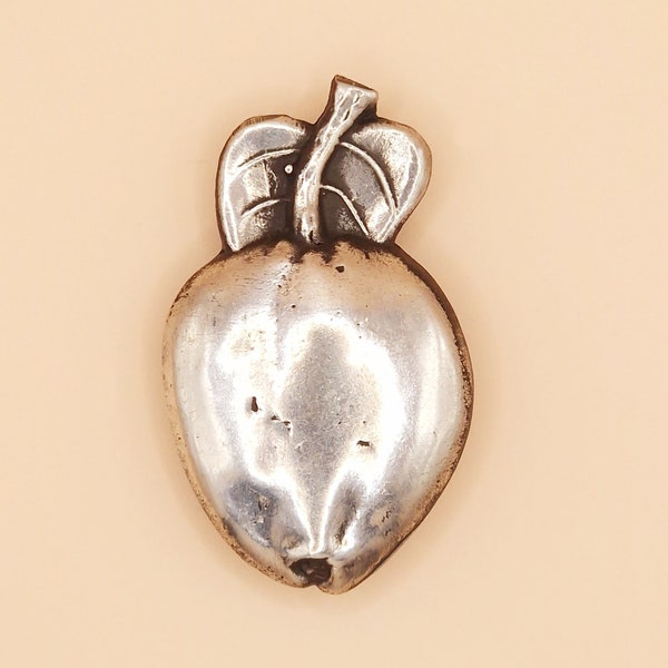 Vintage Pewter Hand made Apple Brooch Pin, Silver tone Tin Figural Fruit Pin, Unique Modernist Polished Metal Apple Stem and Leaves Brooch