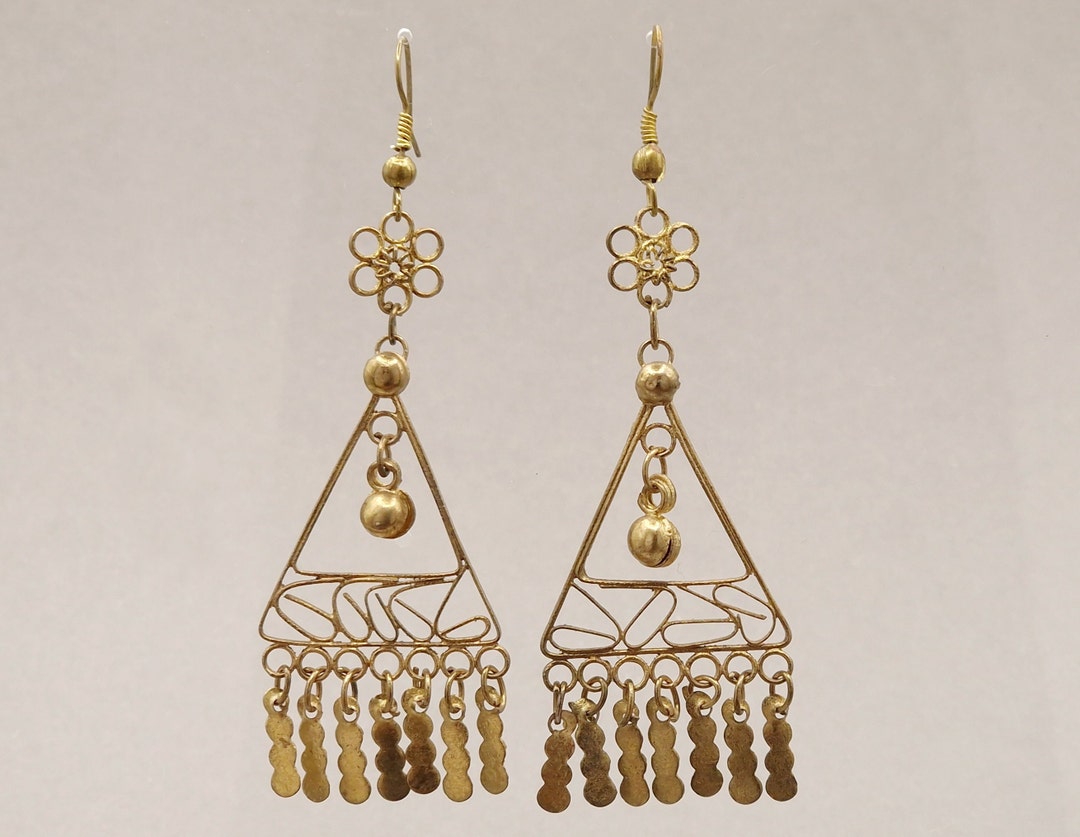 Vintage Gold Tone Indian Dangle Earrings Boho Ethnic Hand Etsy