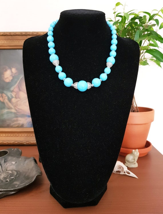Vintage Blue Glass Beaded Necklace, Mid Century B… - image 7