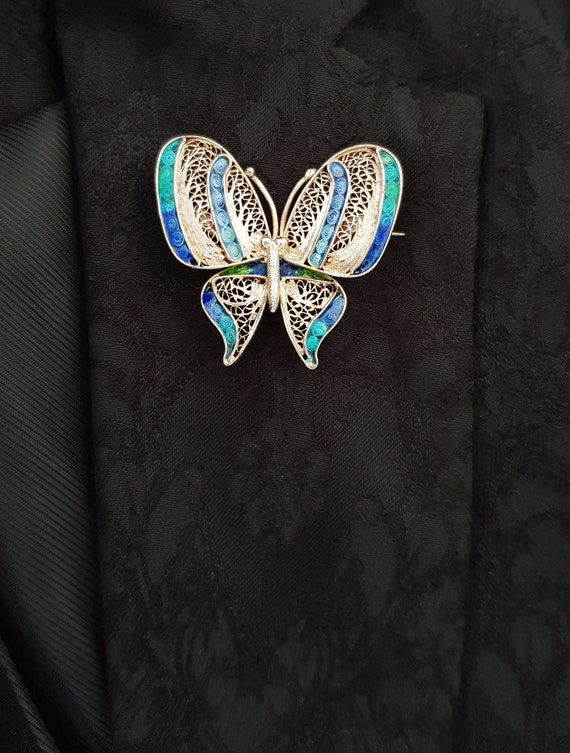 Vintage Silver Enamelled Filigree Butterfly Brooc… - image 6