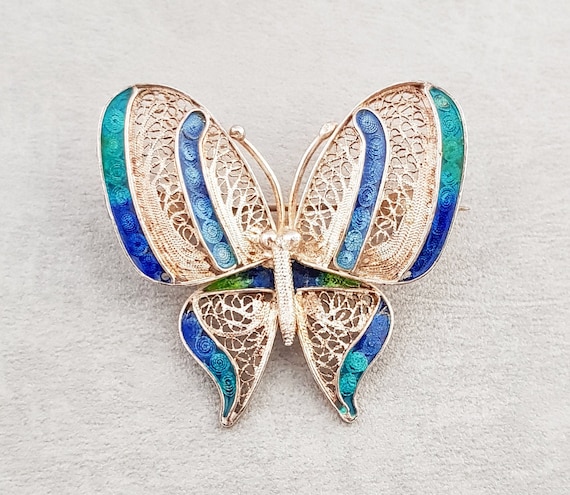 Vintage Silver Enamelled Filigree Butterfly Brooc… - image 1