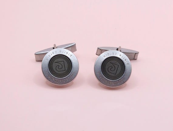 Vintage Pierre Cardin Silver tone Modernist Circle Cufflinks, Simple High End Designer Branded Logo Unisex Accessoiries Jewellery For Him