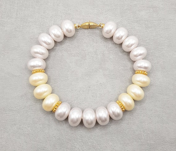 Vintage Two Toned Faux Pearl Monet Bracelet, Whit… - image 1