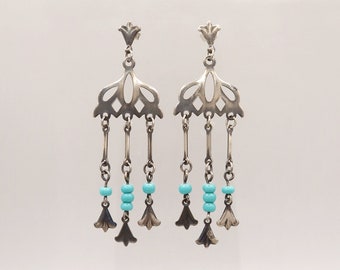 Vintage Silver Tone Turquoise Glass Bead Dangle Earrings, Open Work Art Nouveau Style Chandelier Drop Earrings, Ornate Articulated Dangles