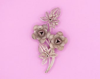 Vintage Sterling zilveren filigraan Rose broche pin, 925 zilveren fijne Swirly handwerk figuratieve bloemen en bladeren tak pin, elegante Foral