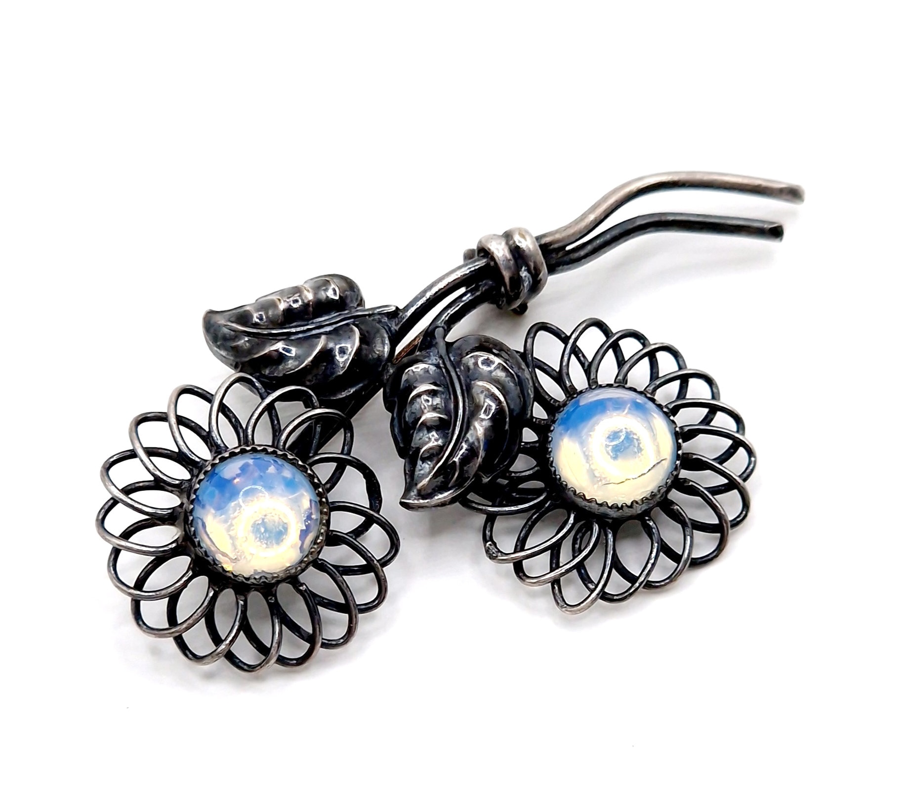 Broche Ancienne Feuille Fleur En Cuivre Avec Boules Opaline Blanche - Bijou Vintage Occasion