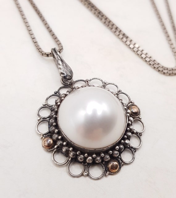 Vintage Sterling Silver Pearl Circle Pendant Neck… - image 3