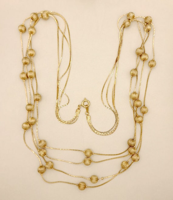 Vintage Gold tone 4 Strand Bead Chain Necklace, S… - image 2