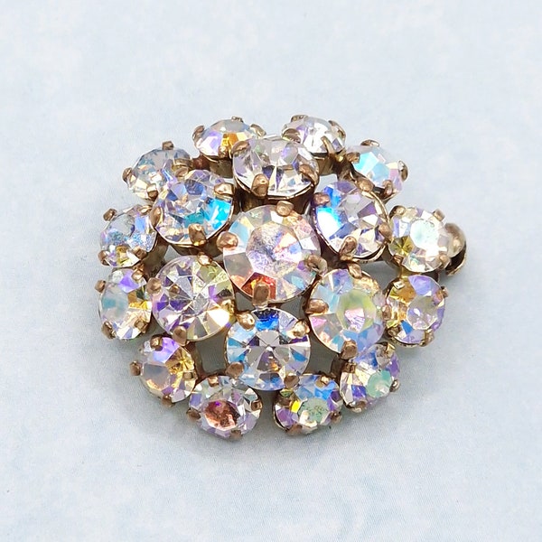 Vintage 1950's AB Crystal Rhinestone Circle Brooch Pin, Mid Century Small Sparkly Aurora Borealis Rainbow Glass Stones Collar Lapel Pin