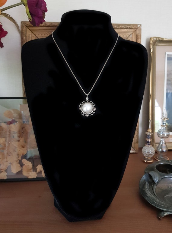Vintage Sterling Silver Pearl Circle Pendant Neck… - image 6