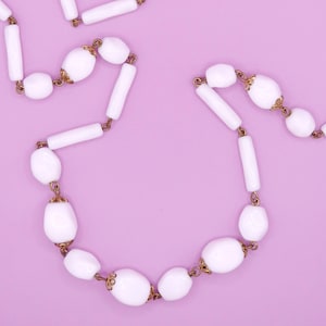 Vintage Mid Century Milk Glass Bead Link Necklace, Opaque White Glass Pebble Beads with Brass Filigree Spacers and Links, Timeless Classic
