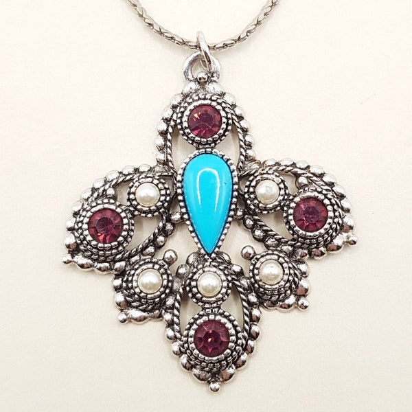 Vintage Sarah Coventry Canada Purple and Turquoise Glass Pendant Necklace, Large Ornate Antique Style Pearl Rhinestone Teardrop Pendant