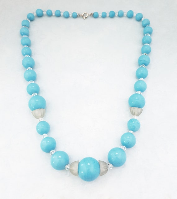 Vintage Blue Glass Beaded Necklace, Mid Century B… - image 3