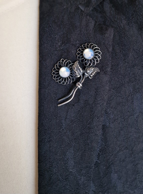 Vintage Silver Plated Moonstone Glass Flower Broo… - image 5