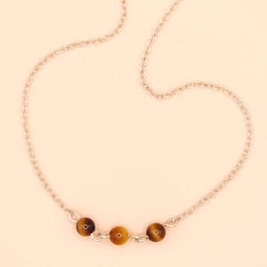 Vintage 835 Silver Three Bead Tigers Eye Necklace, Dainty Minimalist Fine ZII Silver Chain with 3 Small Golden Brown Natural Stone Beads
