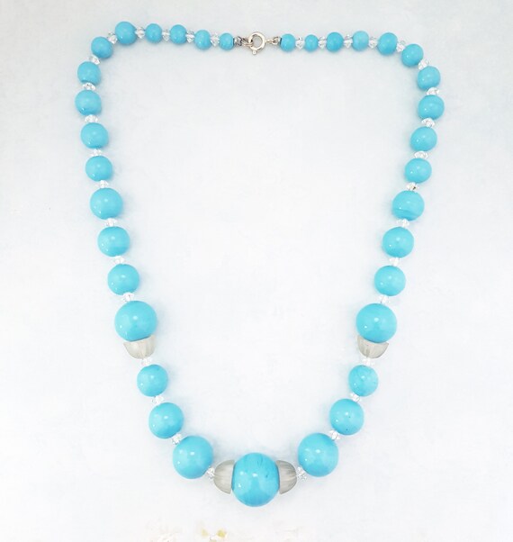 Vintage Blue Glass Beaded Necklace, Mid Century B… - image 2