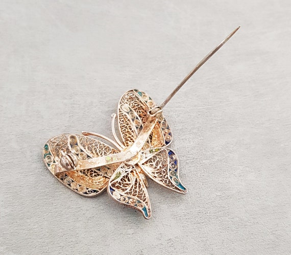 Vintage Silver Enamelled Filigree Butterfly Brooc… - image 4