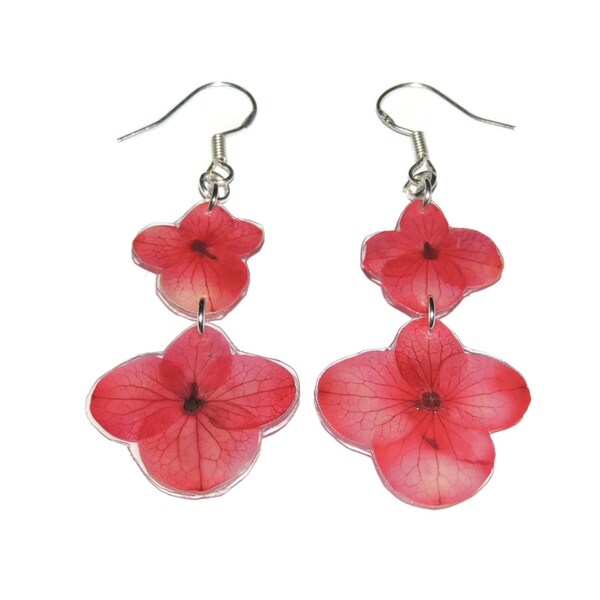 Pink Hydrangea Earrings, Fuchsia dangle earrings, long earrings, gift for her, dried flower jewelry, Eco friendly earrings