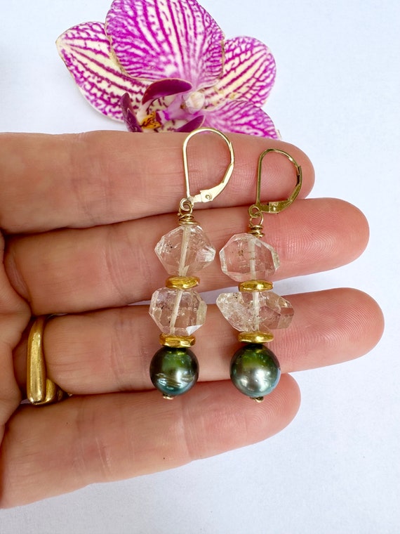 Tahitian Pearl and Herkimer Diamond Earrings