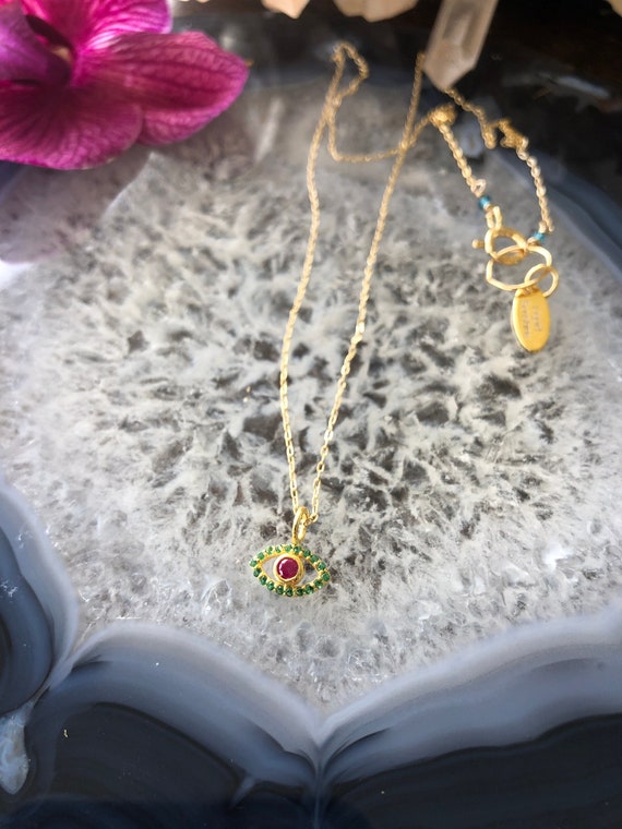 Dainty Pave Gemstone Eye of Protection Pendant Necklace