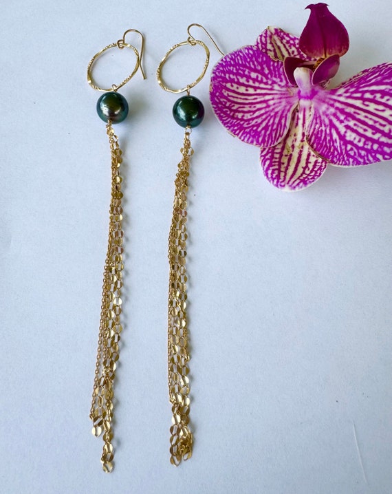 Tahitian Pearl Hoop and Gold Chain Earrings