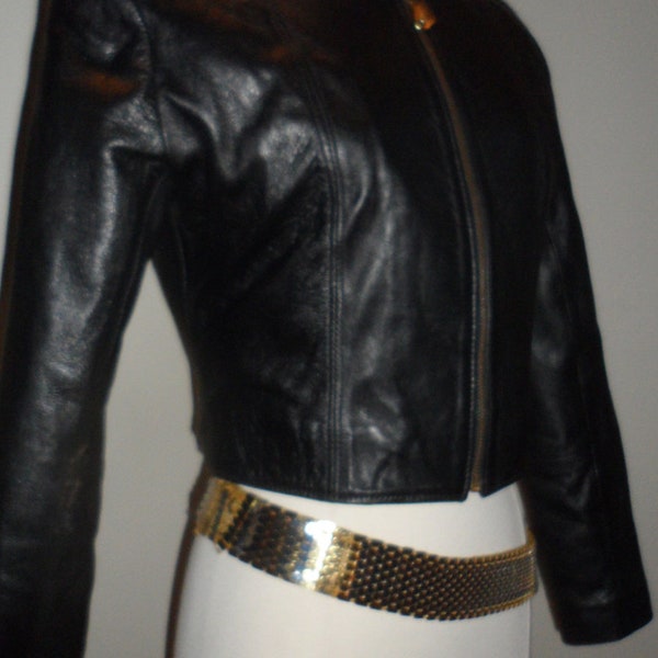 sharp  black leather  fitted cropped jacket  marked  medium could fit several sizes