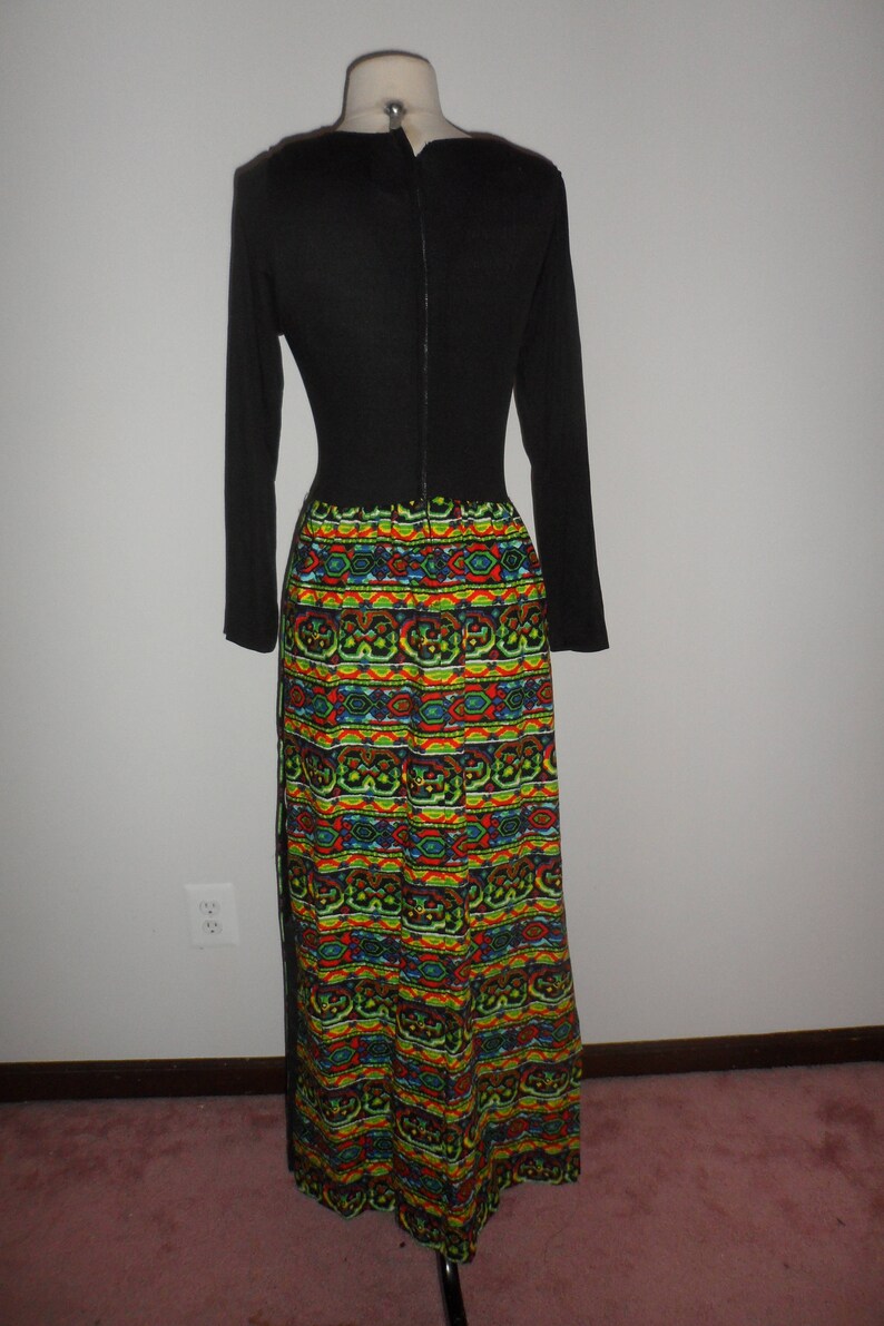 1960s black multi color pattern dress maxi dress with shorts slit up sides mod long maxi dress
