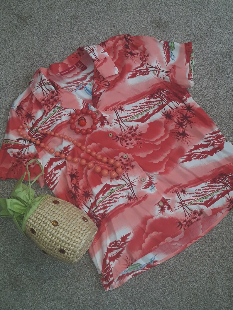 80s Gloria Vanderbilt tropical rayon button up ladies blouse beach party sz large orange reds greens