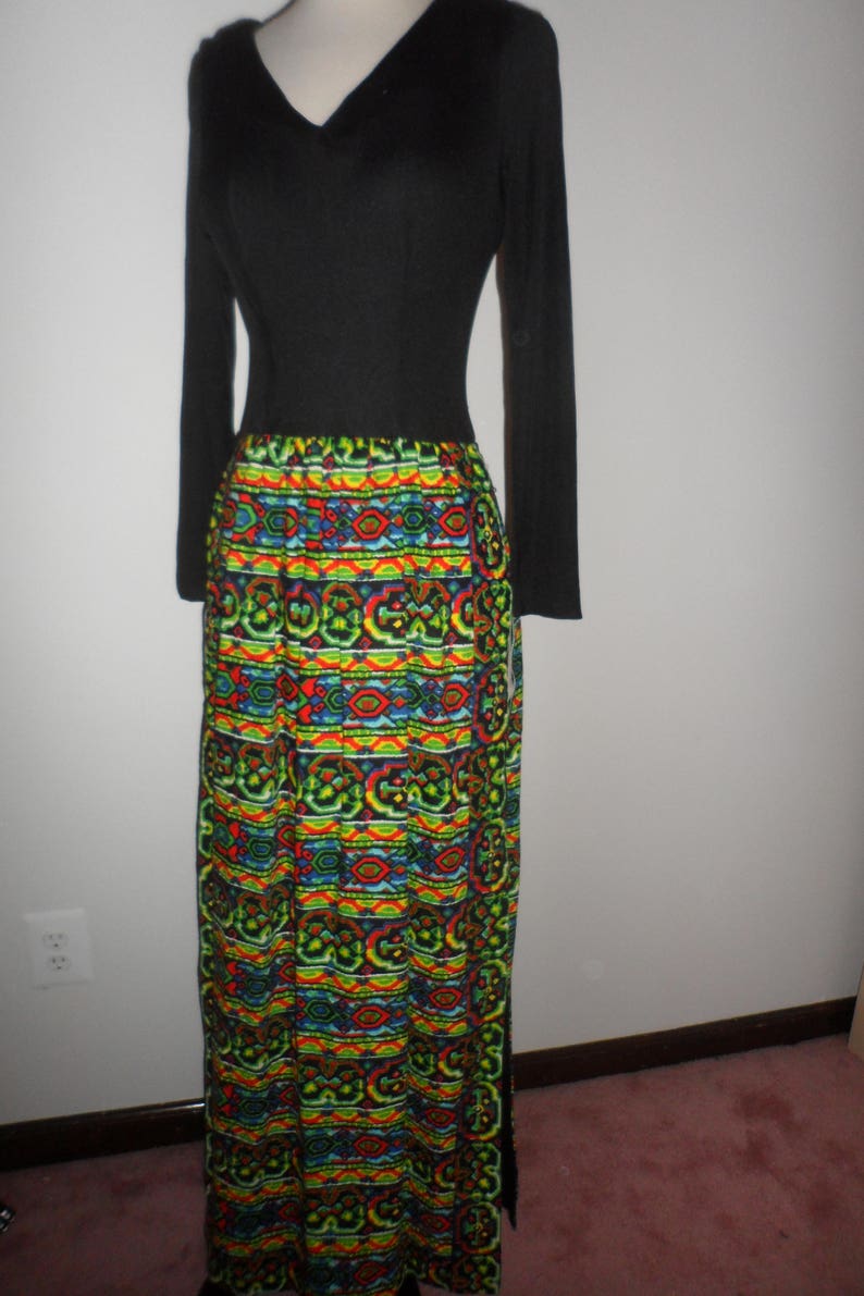 1960s black multi color pattern dress maxi dress with shorts slit up sides mod long maxi dress
